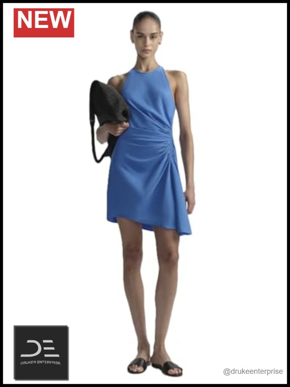 Sleeveless mini dress with high neckline and gathered side detailing
